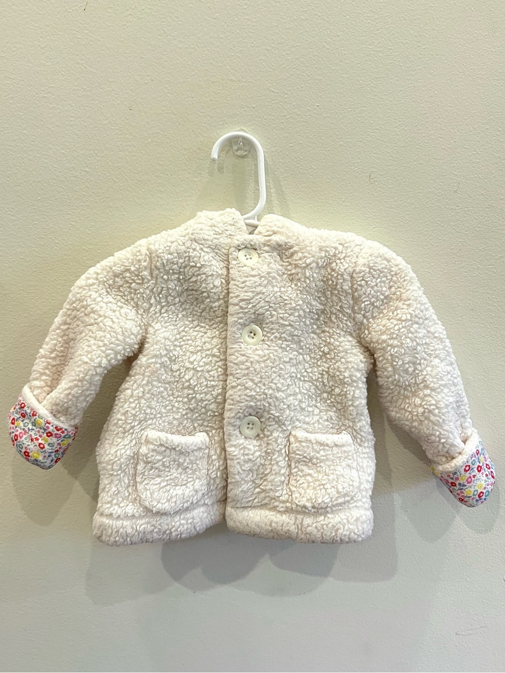Baby GAP Cream Sherpa Jacket with Floral Cuff Detail and Bear Ears